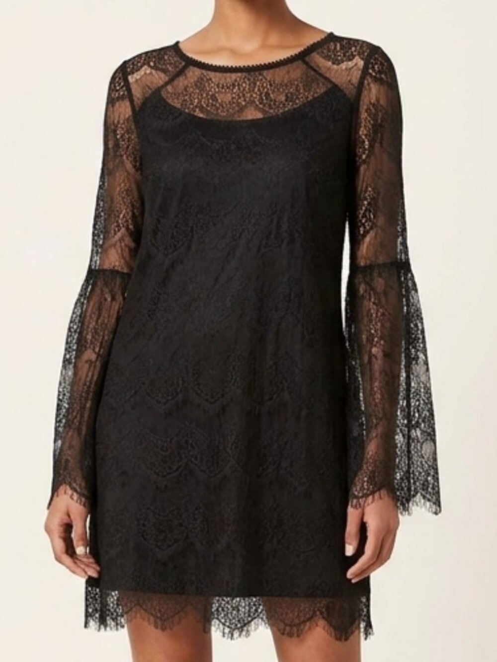 Metaphor Black Lace Bell Sleeve Shift Dress Eyelash Trim Cocktail Mini Dress $80